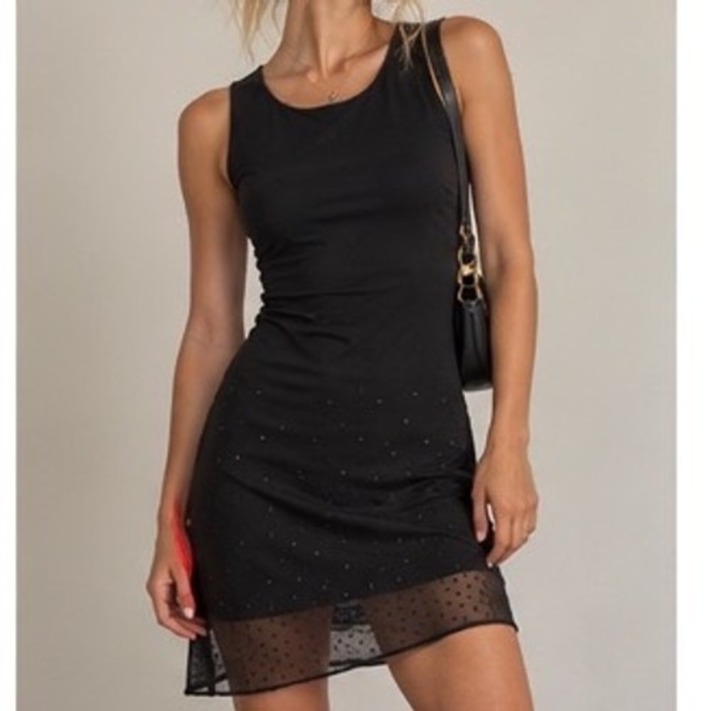 Vintage Byer Too California Black Glitter Polka Dot Mesh Mini Dress Sleeveless S